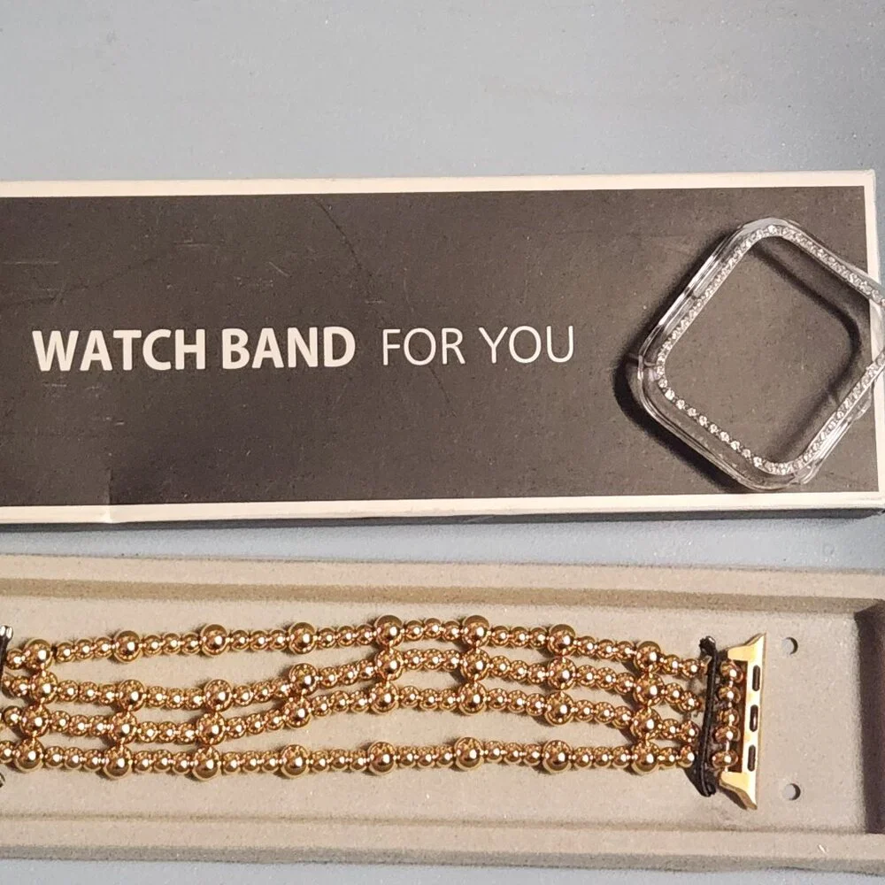 Gold Beaded Apple Watch Band Bracelet with Rhinestone Bumper Case